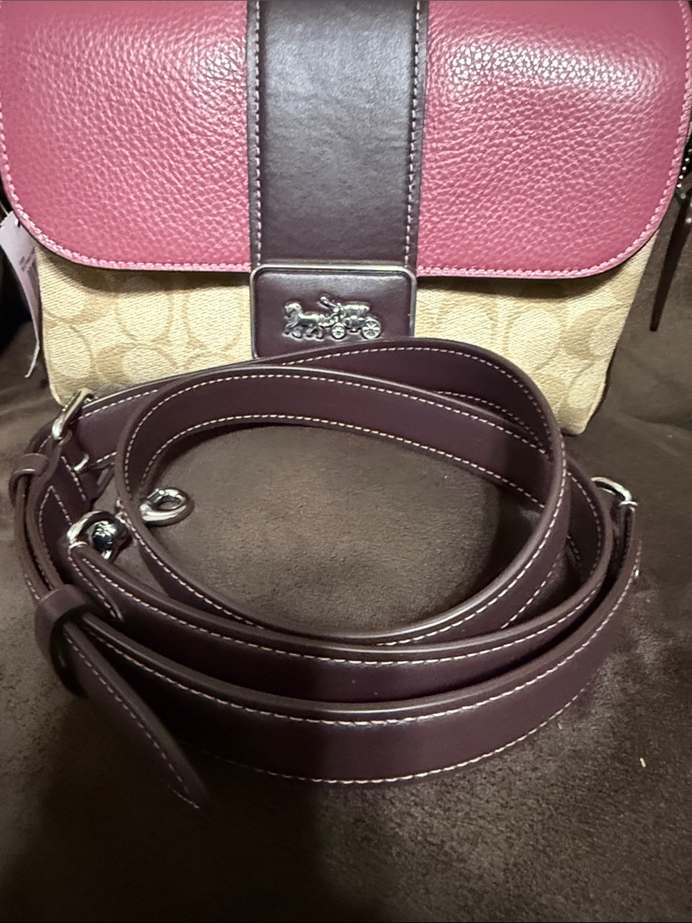 Coach Pink Leather Flap Signature Canvas Shoulder Bag with Brown Trim - Picture 6 of 6